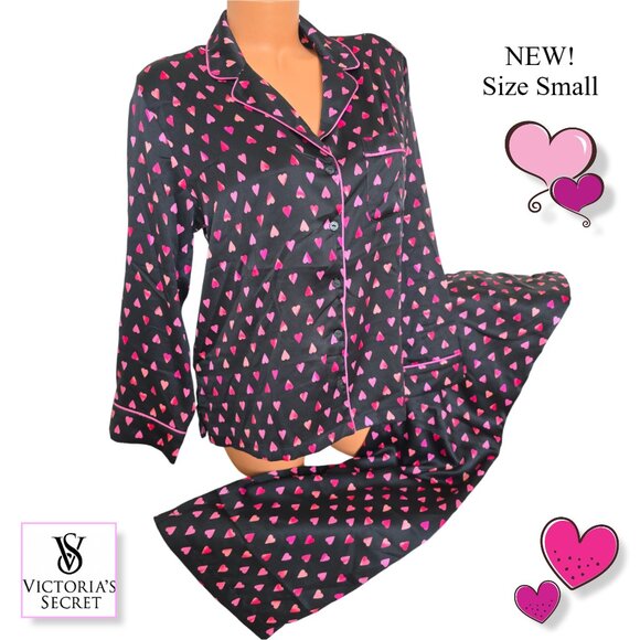 Victoria's Secret Satin Long Pajama Set Lounge Sleep Black Pink Hearts PJs Small - Picture 3 of 14